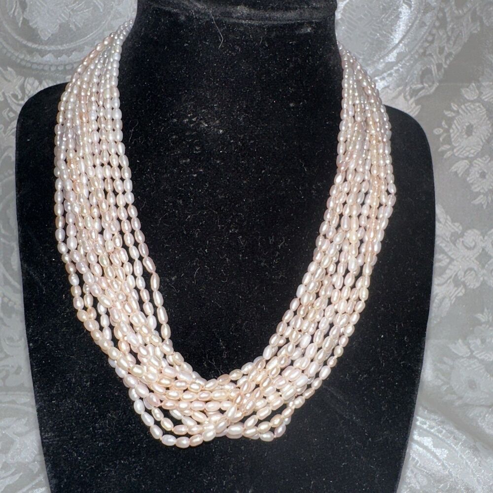 Vintage Rice Pearl Necklace Rope Multi 12 Strand Silver 925 Twisted